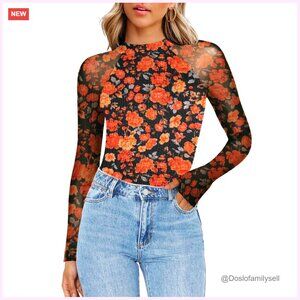 Long Sleeve Mesh Top Mock Neck Sheer Blouse Fitted Double Lined